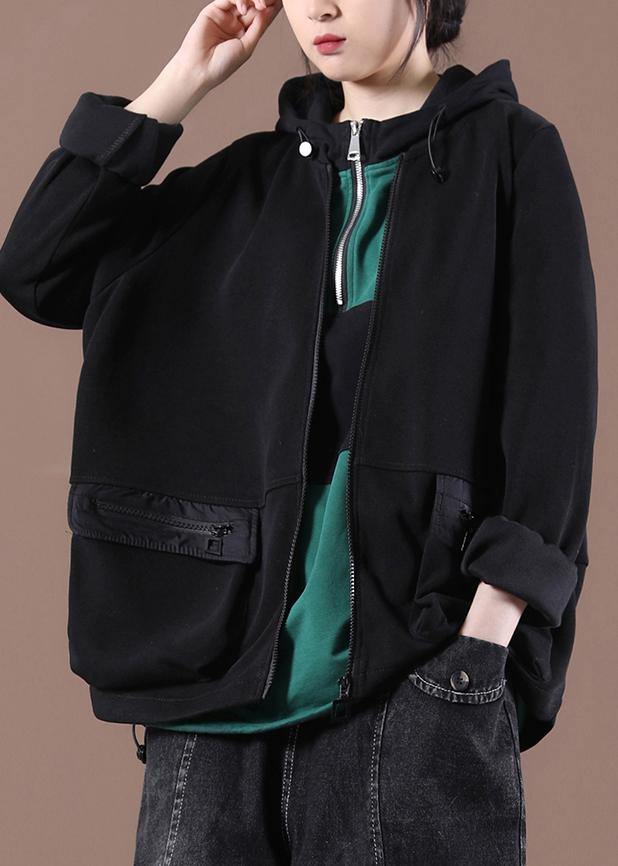 Italian Black Zippered Hooded Coat Spring