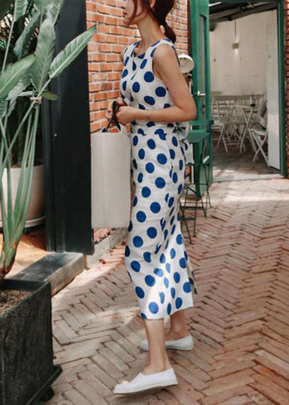 Italian Blue Dot Print Cinched Side Open Cotton Maxi Dresses Sleeveless