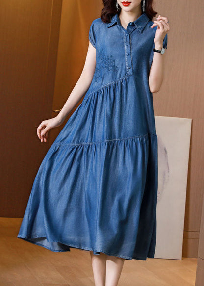 Italian Blue Embroideried Patchwork Exra Large Hem Denim Dress Summer