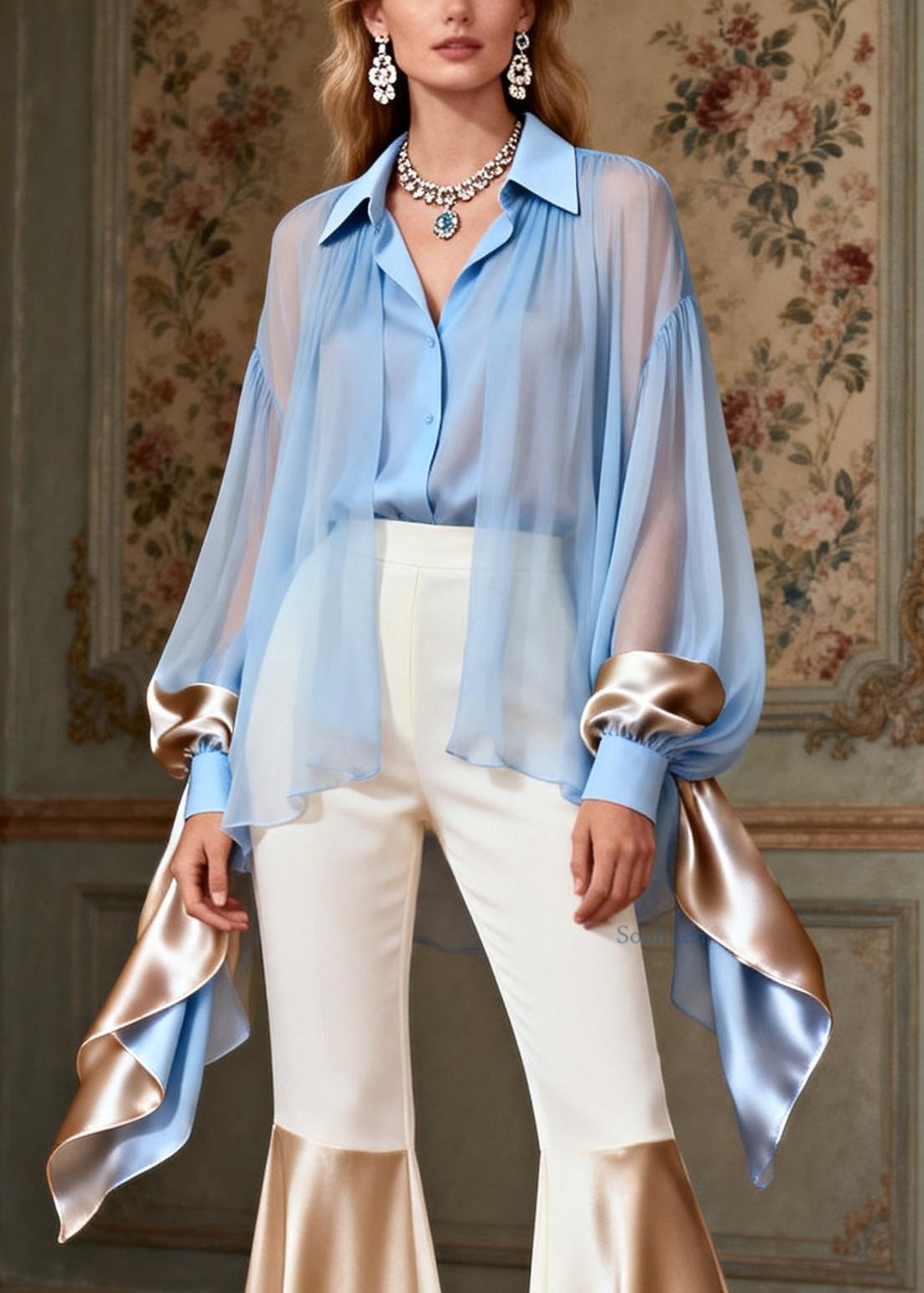Italian Blue False Two Pieces Shirts and White Flared Trousers Silk Patchwork Two Pieces Set Spring