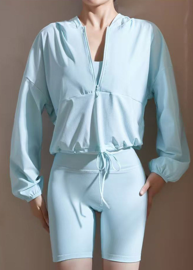 Italian Blue Hooded Pockets Spandex Upf 50+ Coat Jacket Spring