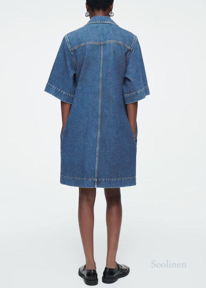 Italian Blue Notched Pockets Denim Straight Dress Summer