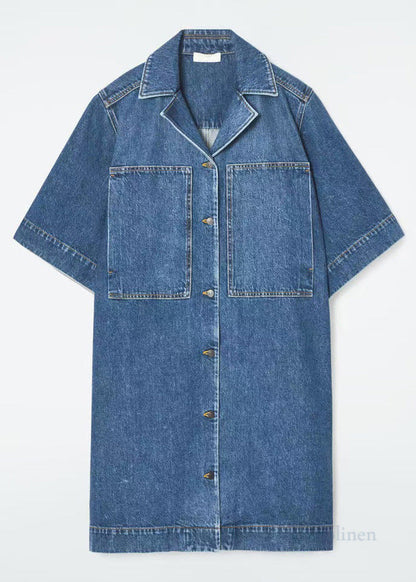 Italian Blue Notched Pockets Denim Straight Dress Summer