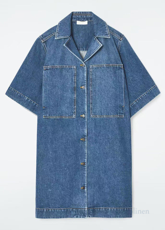 Italian Blue Notched Pockets Denim Straight Dress Summer