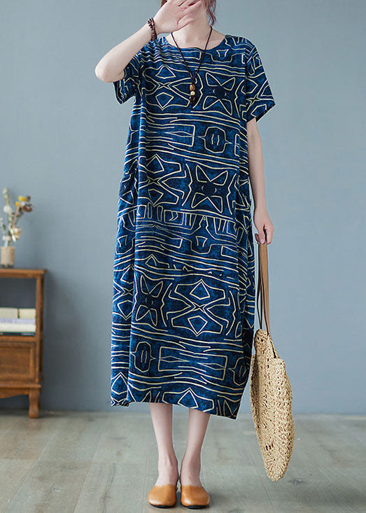 Italian Blue O-neck Geometric Print Pockets Cotton Maxi Dress Short Sleeve