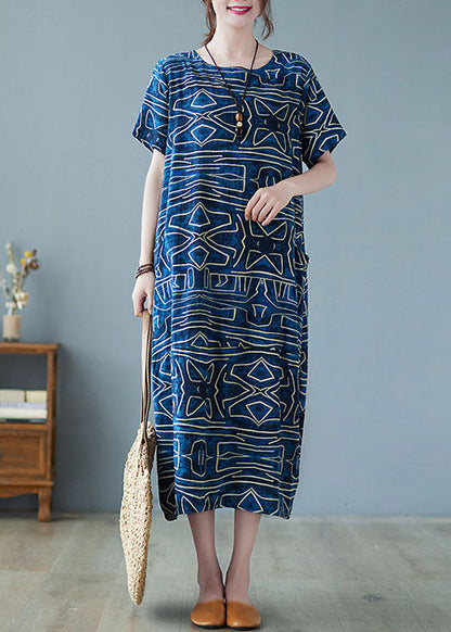 Italian Blue O-neck Geometric Print Pockets Cotton Maxi Dress Short Sleeve