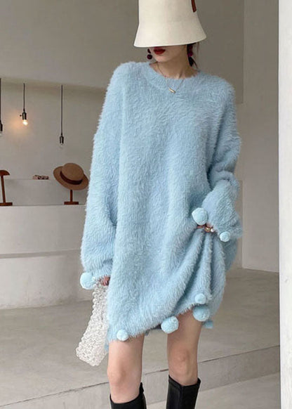 Italian Blue O-neck Mink Hair Knitted Dress Winter
