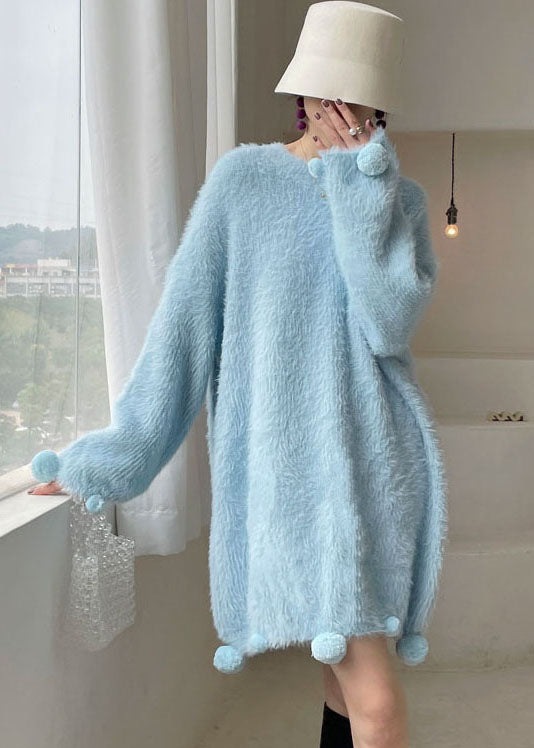 Italian Blue O-neck Mink Hair Knitted Dress Winter