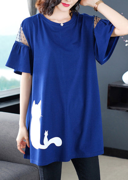 Italian Blue O-neck Print T Shirt Summer