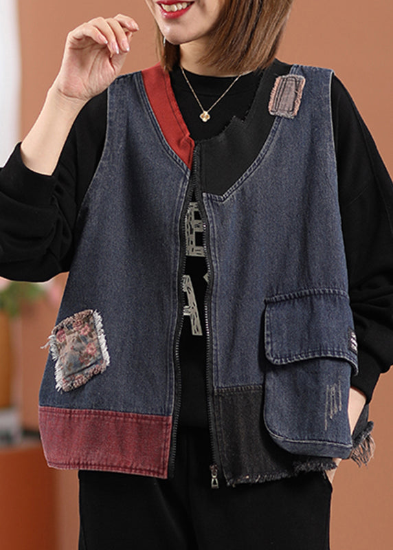 Italian Blue O-neck Zippered Patchwork Denim Waistcoat Sleeveless