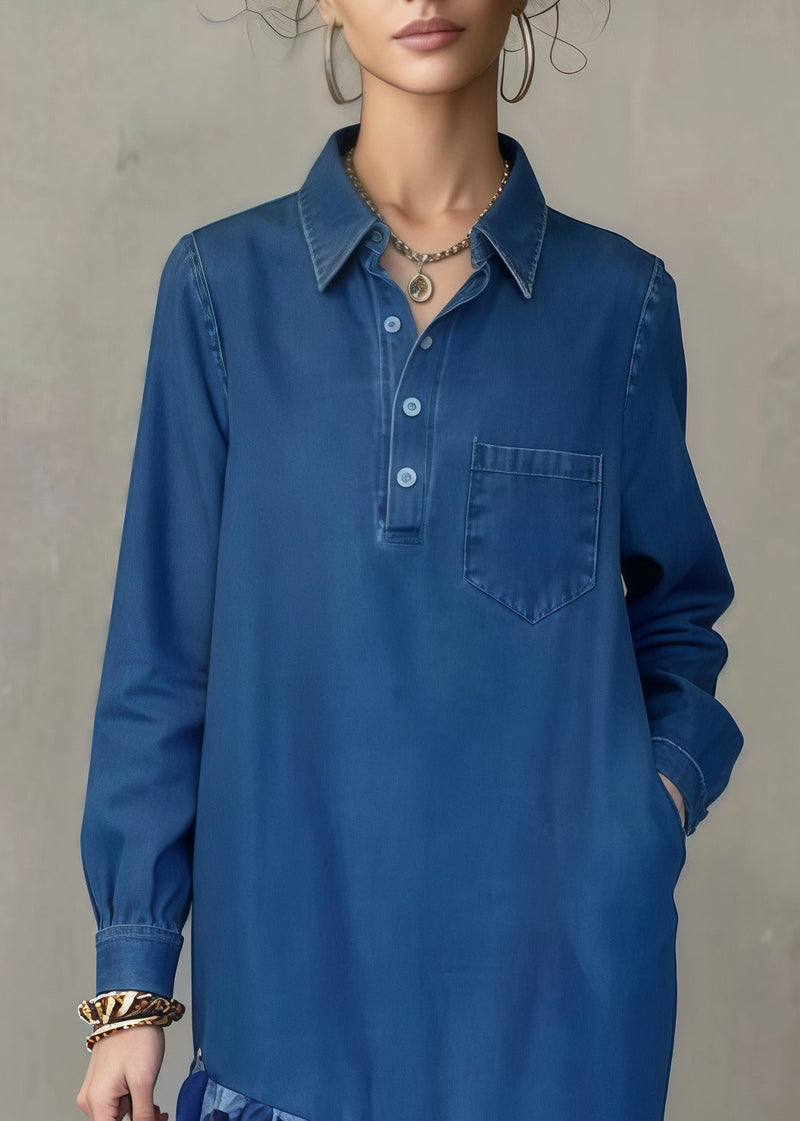 Italian Blue Oversized Patchwork Leopard Denim Long Dress Spring