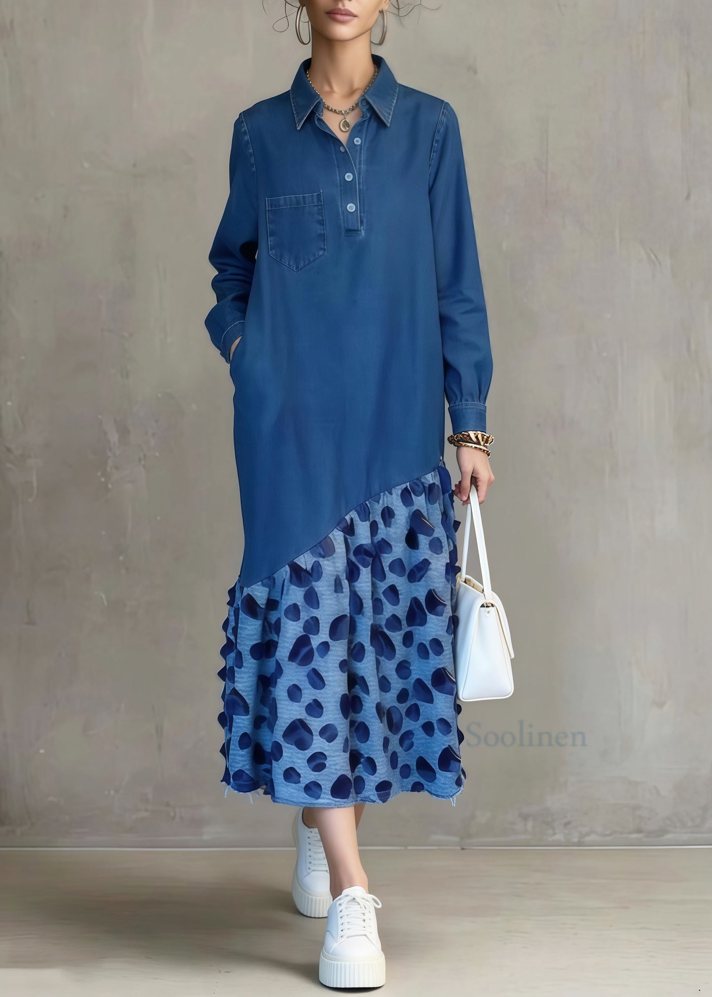 Italian Blue Oversized Patchwork Leopard Denim Long Dress Spring
