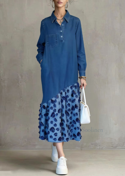 Italian Blue Oversized Patchwork Leopard Denim Long Dress Spring