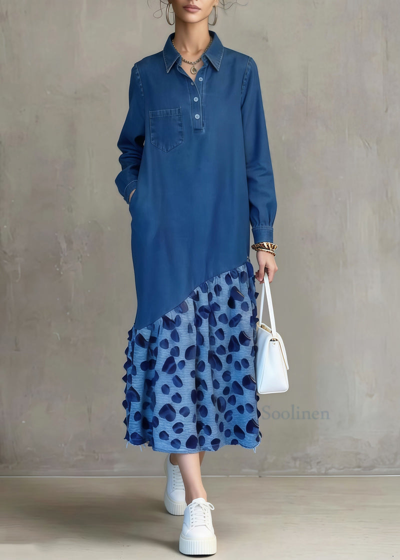 Italian Blue Oversized Patchwork Leopard Denim Long Dress Spring