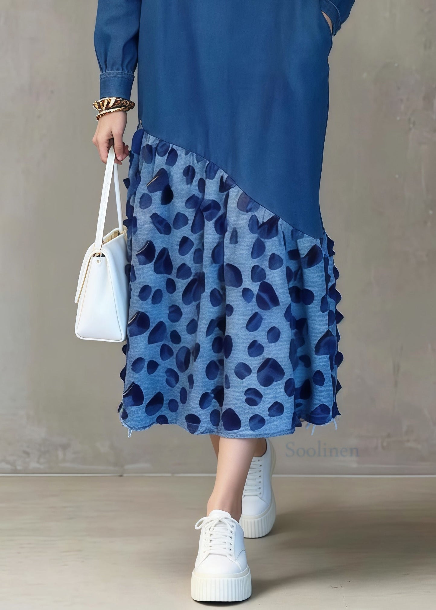 Italian Blue Oversized Patchwork Leopard Denim Long Dress Spring