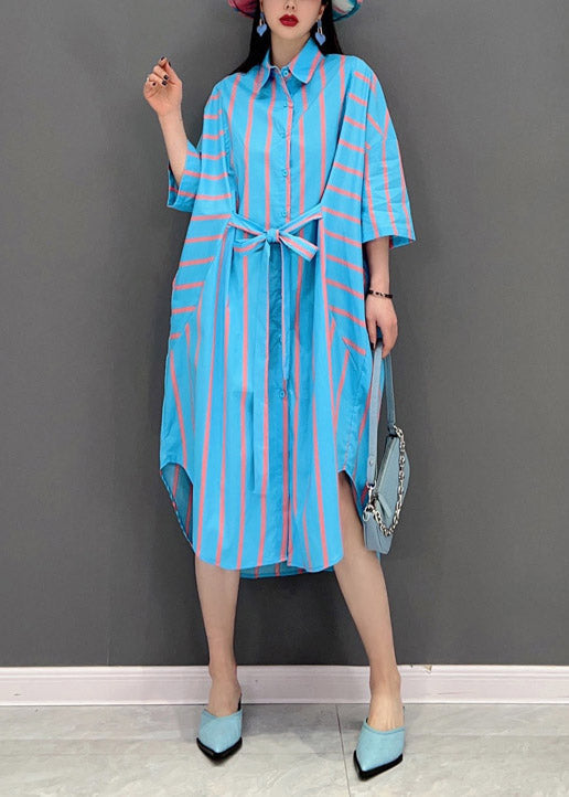 Italian Blue Peter Pan Collar Button Tie Waist Striped Shirt Dress Batwing Sleeve