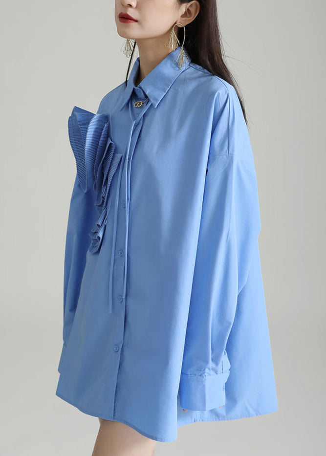 Italian Blue Peter Pan Collar Patchwork Cotton Shirt Dress Fall