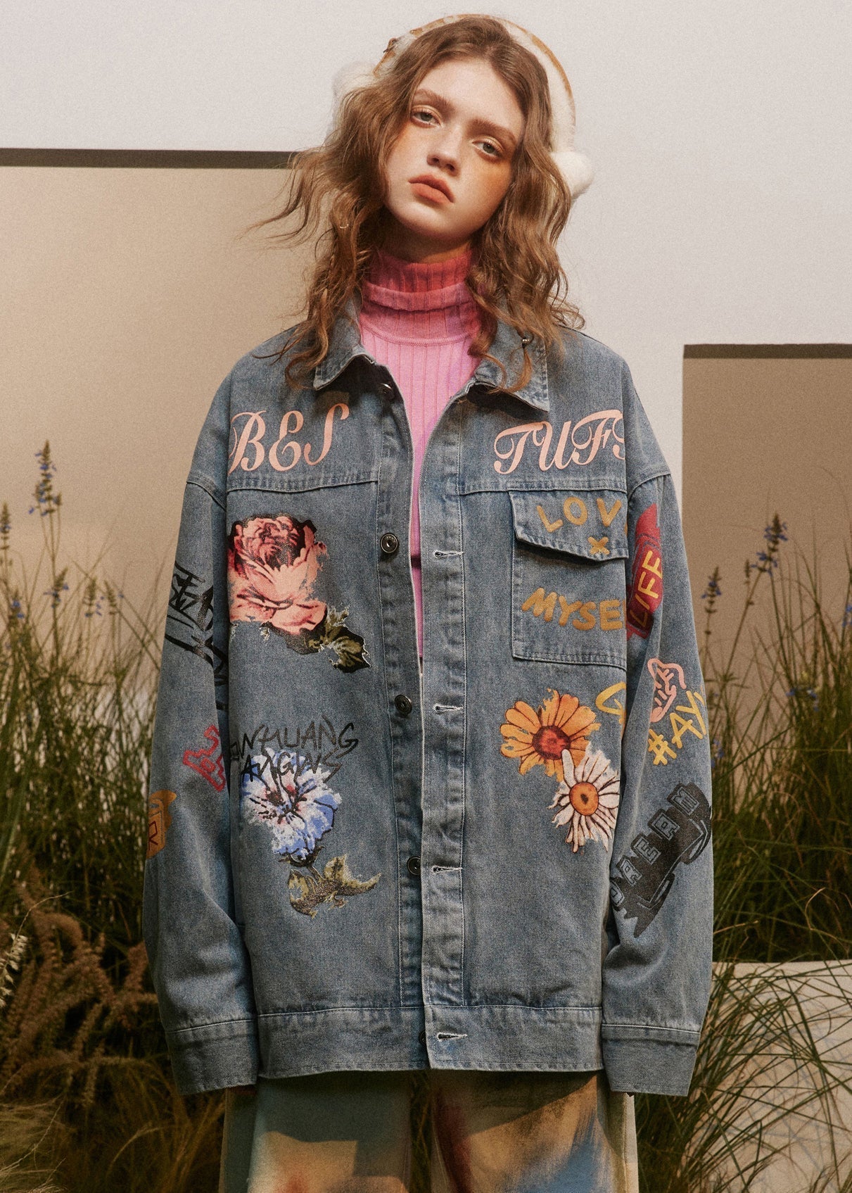 Italian Blue Print Button Patchwork Style Coats Long Sleeve