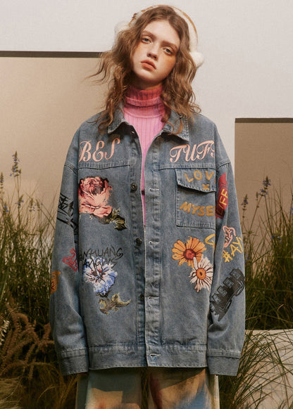 Italian Blue Print Button Patchwork Style Coats Long Sleeve