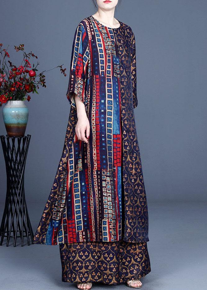 Italian Blue Print Button Silk Long Shirts Wide Leg Two Pieces Set