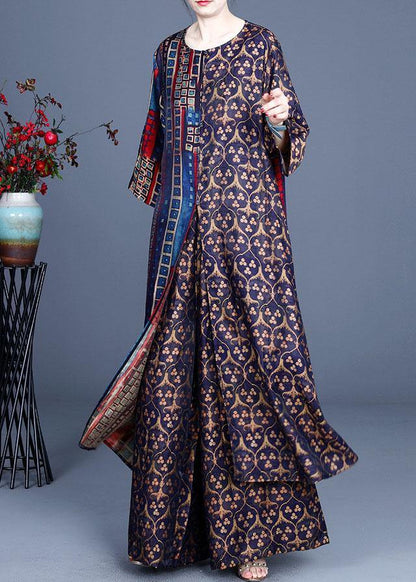 Italian Blue Print Button Silk Long Shirts Wide Leg Two Pieces Set
