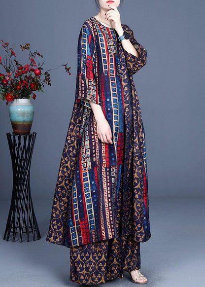 Italian Blue Print Button Silk Long Shirts Wide Leg Two Pieces Set