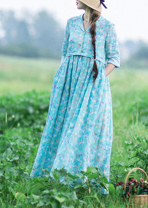 Italian Blue Print Clothes Notched Cinched Maxi Summer Dresses