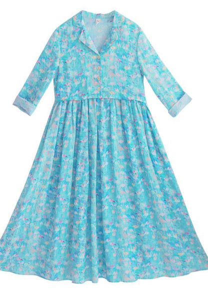 Italian Blue Print Clothes Notched Cinched Maxi Summer Dresses