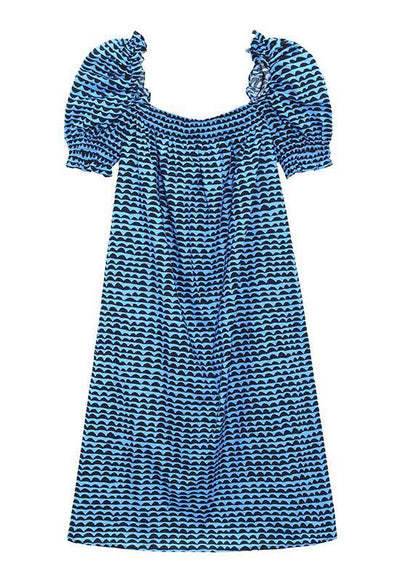 Italian Blue Print Square Collar Puff Sleeve Cotton Mid Dress