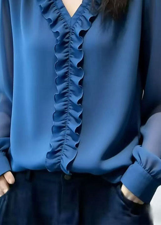 Italian Blue Ruffled Patchwork Chiffon Tops Spring