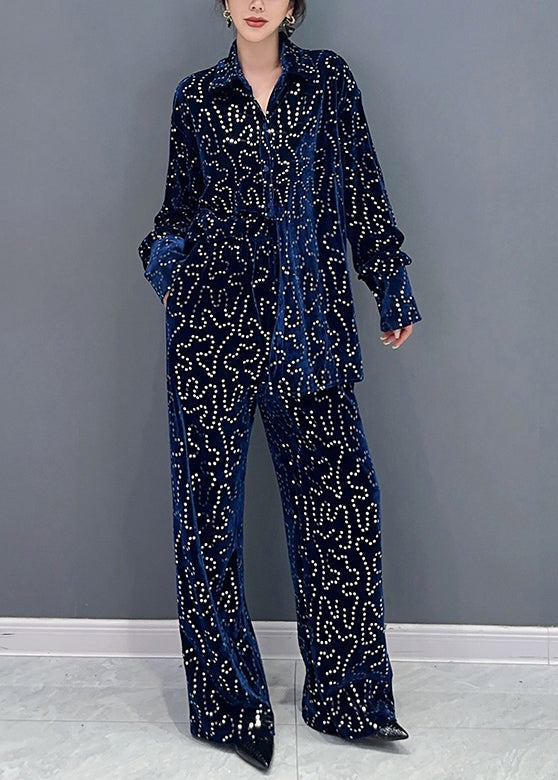 Italian Blue Sequins Tops and Pants Velour Two Piece Suit Set Fall