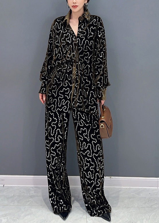 Italian Blue Sequins Tops and Pants Velour Two Piece Suit Set Fall