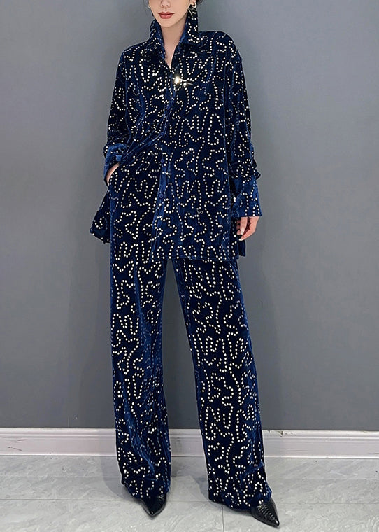 Italian Blue Sequins Tops and Pants Velour Two Piece Suit Set Fall