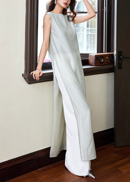 Italian Blue Side Open Tops and White Pants Cotton Two-piece Set Sleeveless