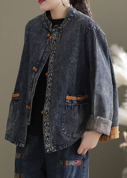 Italian Blue Stand Collar Button Denim Jackets Spring