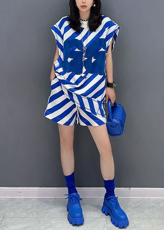 Italian Blue Striped Patchwork Tops and Shorts Cotton Two Pieces Set Summer
