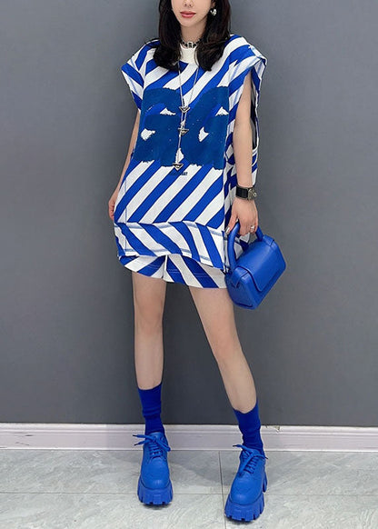 Italian Blue Striped Patchwork Tops and Shorts Cotton Two Pieces Set Summer