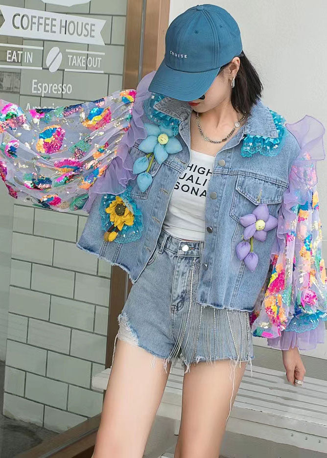 Italian Blue Tulle Ruffled Sequins Decorated Patchwork Denim Coat Spring