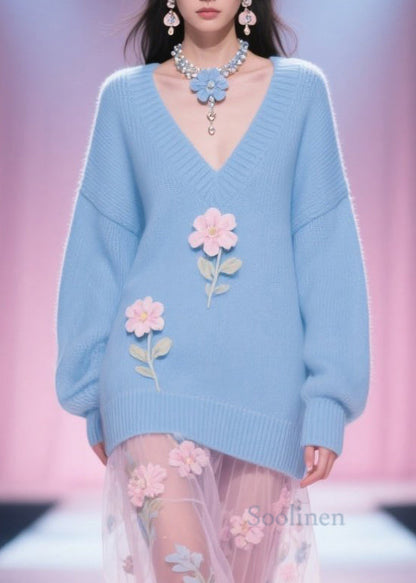 Italian Blue V Neck Patchwork Knit Short Sweater Fall