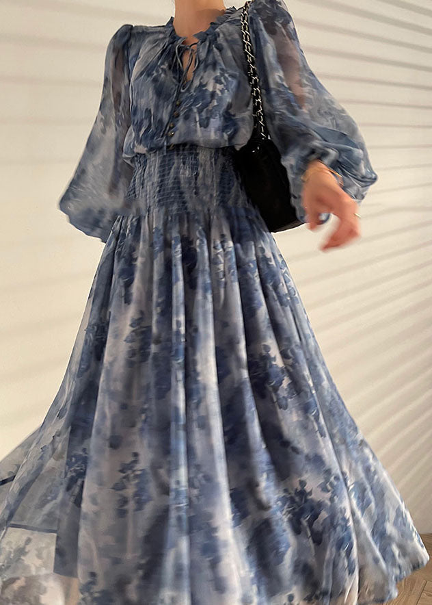 Italian Blue V-neck Print Wrinkled Chiffon Cinch Dress Spring