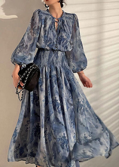 Italian Blue V-neck Print Wrinkled Chiffon Cinch Dress Spring