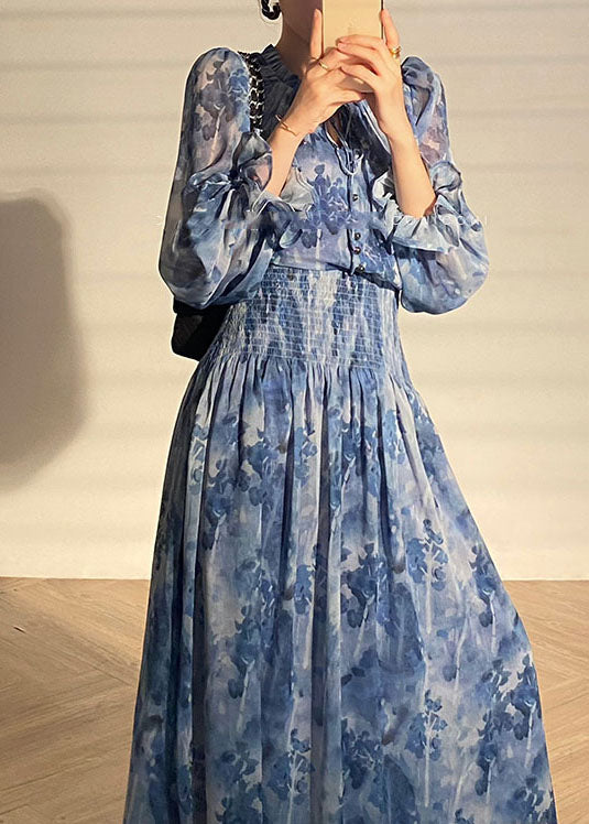 Italian Blue V-neck Print Wrinkled Chiffon Cinch Dress Spring