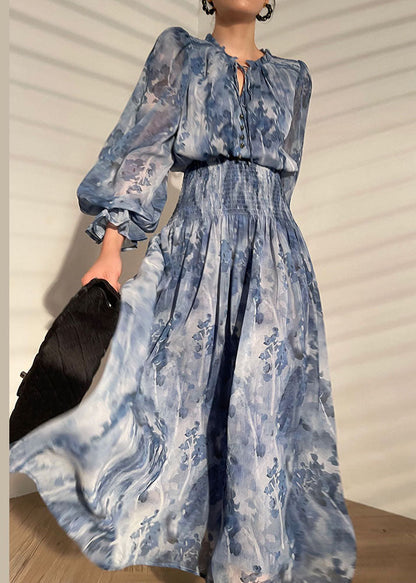 Italian Blue V-neck Print Wrinkled Chiffon Cinch Dress Spring