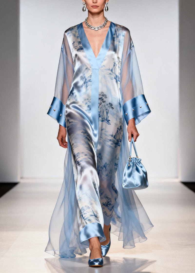 Italian Blue V Neck Print Zircon Chiffon Dresses Summer