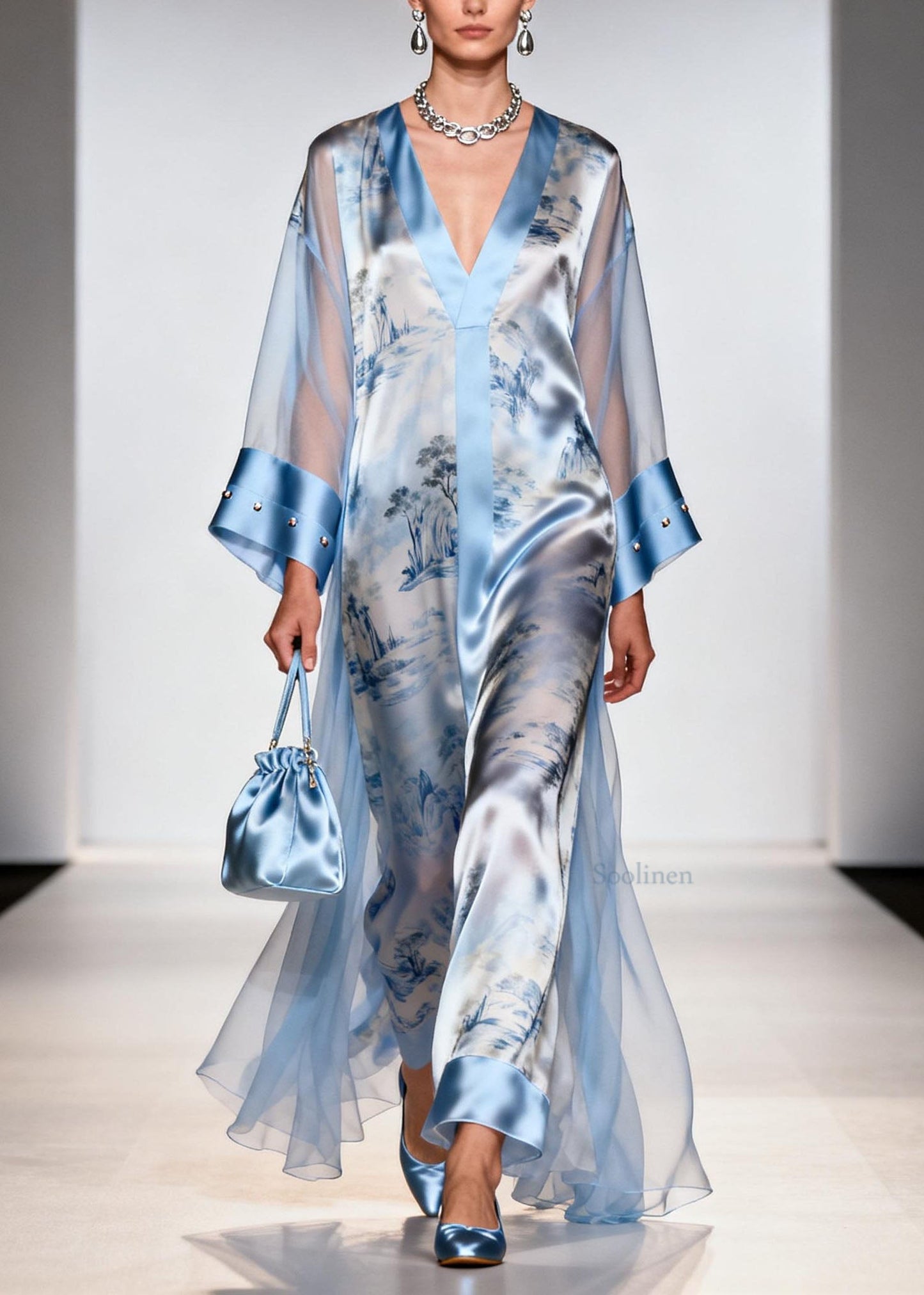 Italian Blue V Neck Print Zircon Chiffon Dresses Summer