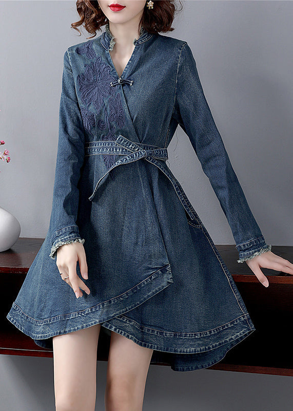 Italian Blue V Neck Sashes Embroideried Cotton Denim Dress Long Sleeve