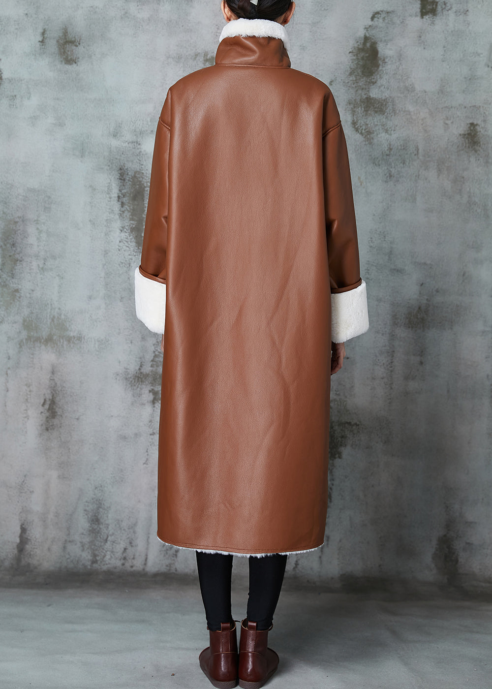 Italian Brown Oversized Warm Leather and Fur Trench Coats Spring