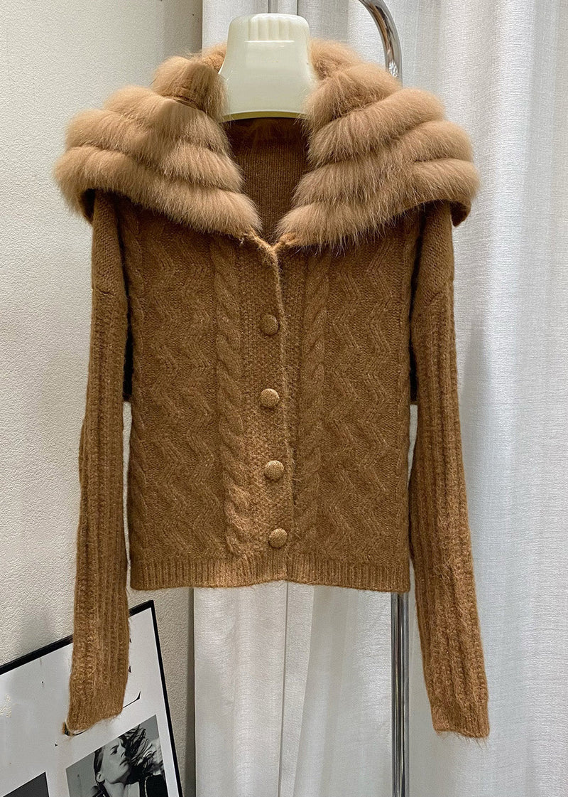 Italian Brown Sailor Collar Zippered Cotton Knit Cardigan Winter