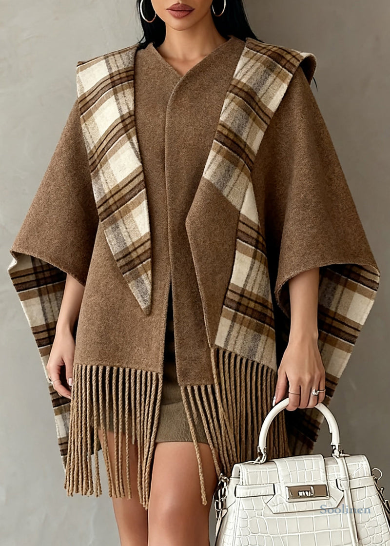 Italian Brown Tasseled Plaid Wear on Both Sides Woolen Cape Coats Spring