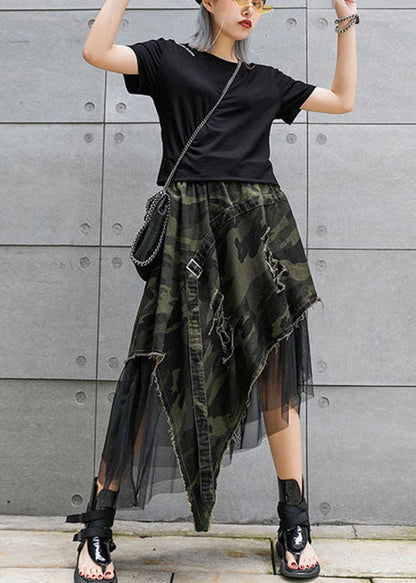 Italian Camouflage High Waist Denim Patchwork Tulle Asymmetrical Design Fall Skirts